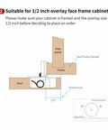 20 Pcs Half Inch Overlay Soft Close Cabinet Hinges With Built In Damper And 4D Adjustment System For Vertical Horizontal Depth And Closing Speed 35mm Cup Diameter And 11.5mm Cup Depth Included Screws For Easy Silent Cabinet Door Closure, 1/2" face frame diagram