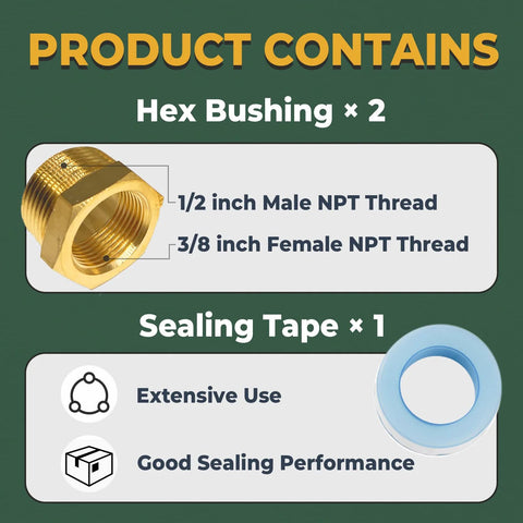 LIONMAX brass hex bushing reducer set (2 pcs) with 1/2 in male NPT to 3/8 in female NPT threads and sealing tape.