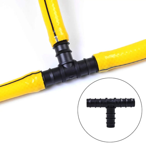 Drip Irrigation Fittings Kit With Half Inch Tubing Set 40 Pieces Of Barbed Connectors Including Tee Connector in use and detail view