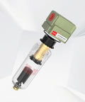 Auto Drain Air Line Filter Inline Pneumatic Water Trap For Air Compressor Systems, One Quarter Inch NPT, Five Micron Brass Filter