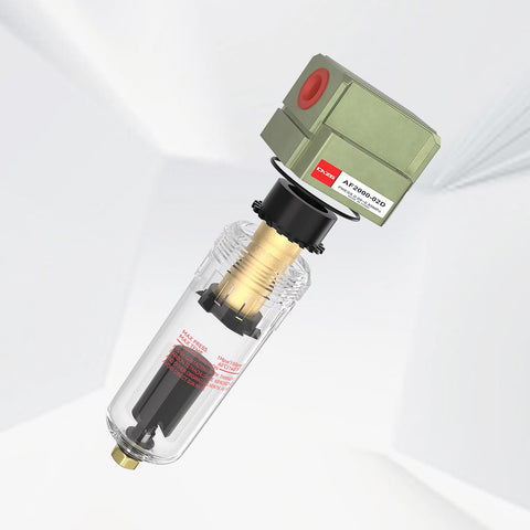 Auto Drain Air Line Filter Inline Pneumatic Water Trap For Air Compressor Systems, One Quarter Inch NPT, Five Micron Brass Filter