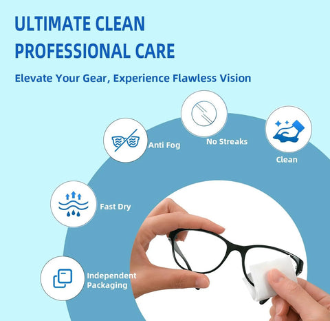 Anti-fog glasses wipes, 100-pack, individually wrapped, pre-moistened for quick-dry, scratch-free lens cleaning