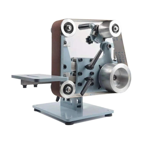 Heavy Duty 750W Belt Sharpener Polisher Rig Dual Axis Vertical Horizontal Electric Grinder With Beefy Steel Frame, side view with belt.