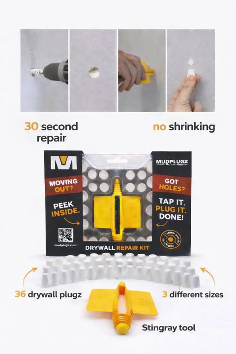 Drywall Hole Repair Kit With 36 Plugs In Three Sizes Half Inch Five Eighths Inch And Three Quarter Inch set with prep tool in packaging
