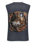 Mens Loose Fit Viking Wolf Graphic Workout Tank Top Muscle Gym Sleeveless Tee featuring a wolf and gears graphic on the back.