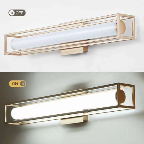 6000K Dimmable Vanity Light Bar For Bathroom, 26 Inch Champagne Gold LED Mirror Fixture, on and off view