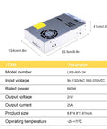 Heavy Duty 600W 24V 25A Single Output Switching Power Supply unit with cooling fan, 22.5cm x 12.4cm size for industrial automation.