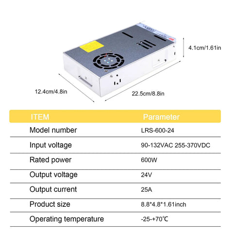 Heavy Duty 600W 24V 25A Single Output Switching Power Supply unit with cooling fan, 22.5cm x 12.4cm size for industrial automation.