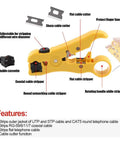 Yellow coaxial cable stripper with labeled features for stripping RG6 RG59 RG11, part of the 5 In 1 Pro Grade Coaxial Compression Tool Kit.