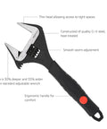 Wide Jaw Adjustable Wrench Set With Soft Grip Handles Includes 6, 8, 10, 12 Inch Sizes, showing thin head and ergonomic handle.