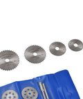 Forty Four Piece Cutting Wheel Set With Diamond Cutter Wheels And Circular Saw Blades For Rotary Tools displayed on blue pouch