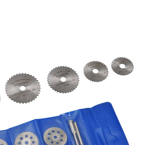 Forty Four Piece Cutting Wheel Set With Diamond Cutter Wheels And Circular Saw Blades For Rotary Tools displayed on blue pouch