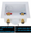 Washing Machine Outlet Box With Center Drain Push To Connect Inlet One Half Inch And Outlet Three Quarter Inch NH Brass Ball Valves