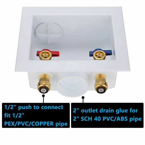 Washing Machine Outlet Box With Center Drain Push To Connect Inlet One Half Inch And Outlet Three Quarter Inch NH Brass Ball Valves