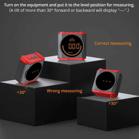 Pro Digital Angle Finder With Led Rechargeable Level Magnetic Base Waterproof Bevel Gauge Inclinometer showing correct and wrong measuring angles.