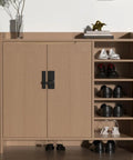 Cabinet with installed 180 Degree Barn Door Lock With 3 Digit Keyless Password, holding shoes on the side shelves