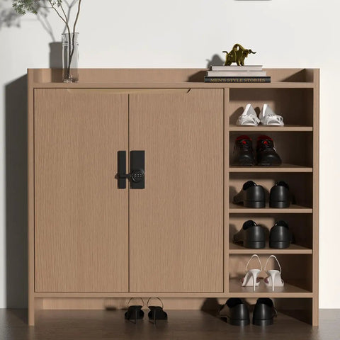 Cabinet with installed 180 Degree Barn Door Lock With 3 Digit Keyless Password, holding shoes on the side shelves