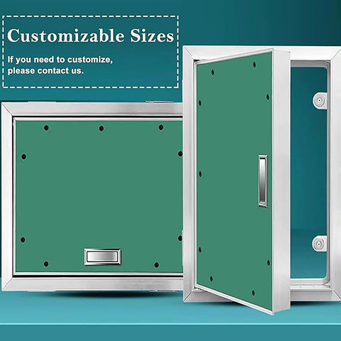 Dead Nuts Secure 32X87 Inch Drywall Access Panel With Aluminum Frame And Touch Lock, opened panel showcasing green surface.