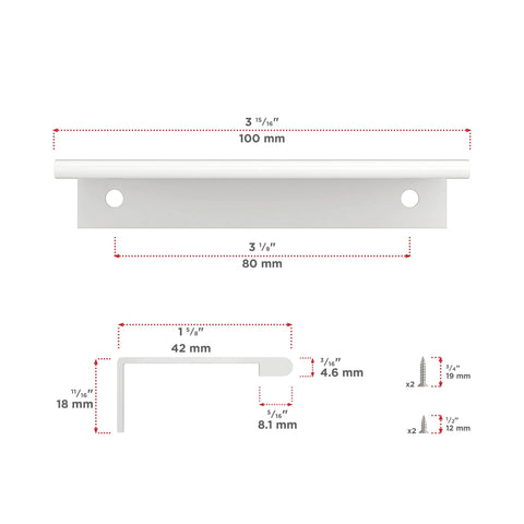 Lincoln Collection 3 1/8 Inch Center to Center White Modern Cabinet and Drawer Edge Pull Handle dimensions and details