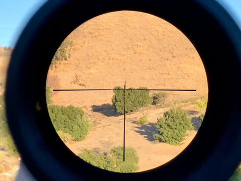 View through Springer Air Rifle Scope 3 To 9X40 AO With Illuminated Mil Dot Reticle showing landscape with trees.
