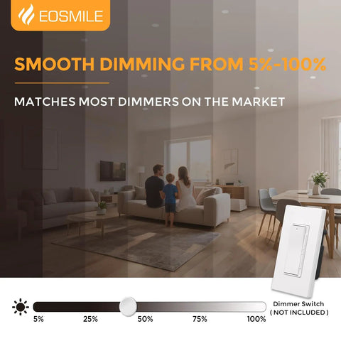 EOSMILE 3 Inch White LED Recessed Lighting with Night Light, 6 Pack shown in a living room with dimming feature.