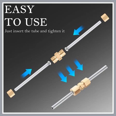 3/16 Inch Brake Line Fitting Kit With Bubble Flare And Double Flare Ends, Includes Four Brass Union Connectors, Universal Car Brake Line Repair Kit For Quick, DIY Vehicle Brake Line Fix. Brass connector and 3/16 tube assembly