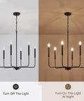 Premium Black Six Light Chandelier Rust Resistant Metal Candle Pendant Fixture for Dining Room Kitchen, illuminated and unlit views.