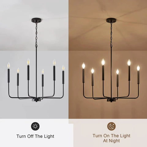 Premium Black Six Light Chandelier Rust Resistant Metal Candle Pendant Fixture for Dining Room Kitchen, illuminated and unlit views.