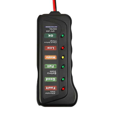 12V LED automotive battery tester with indicator lights for charge level and alternator status