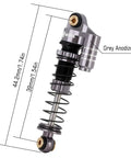 Close-up of 39mm Aluminum Threaded Adjustable Oil Filled Damper Shocks for SCX24 RC Crawler with measurements in gray finish.