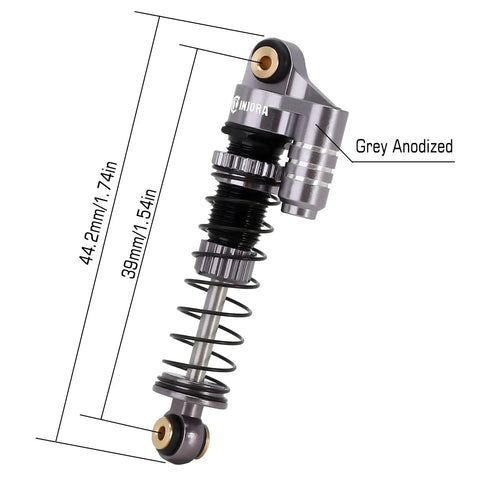 Close-up of 39mm Aluminum Threaded Adjustable Oil Filled Damper Shocks for SCX24 RC Crawler with measurements in gray finish.