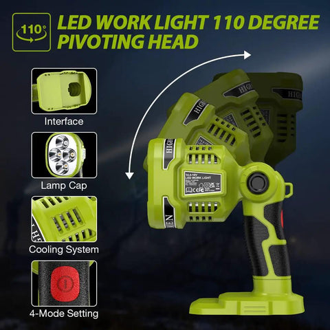 18V LED Work Light For Ryobi ONEPlus Batteries With 110 Degree Pivoting Head and Four Mode Settings Detail