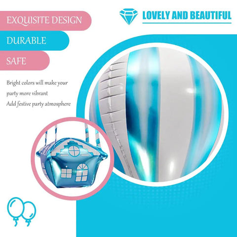 Close-up of blue 4D hot air balloon mylar foil balloons with house design, 35 inch, helium floating decorations.