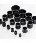 Straight Up Legit Round Chair Leg Protectors With Black PU Leather Slip On Floor Guards For Hardwood Surfaces Quiet Glide Pads assorted size black covers on white background.
