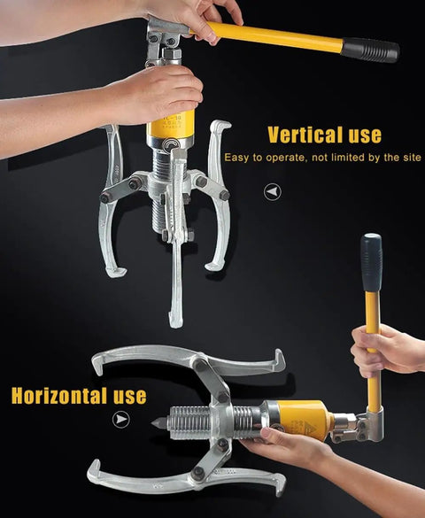 Beefy 3-In-1 Hydraulic Gear Puller Kit showing vertical and horizontal use with wheel bearing separator