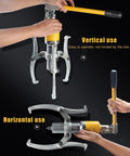 Professional Shop Grade Hydraulic Gear Puller And Wheel Bearing Remover With Secure Case, 3 In 1 Hub Separator Tool in vertical and horizontal use.
