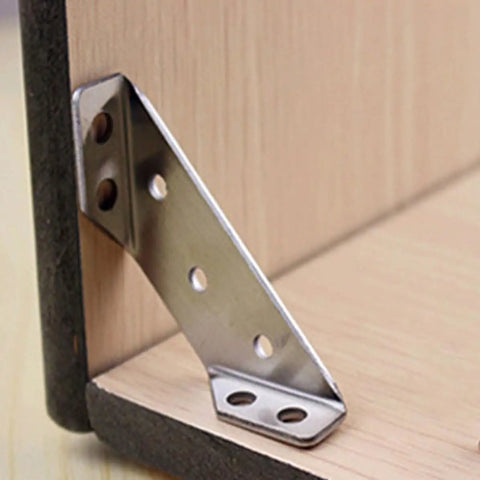 Six Pack Stainless Steel Corner Brackets for Wood Furniture, Triangular Shape, Easy Install, Heavy Duty Corner Connectors in use on wood
