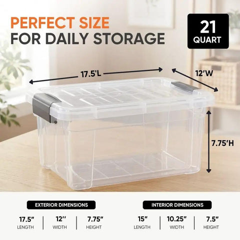 12 Pack 21 Qt Clear Storage Bins With Snap Tight Lids Stackable Plastic Containers BPA Free 17.5x12x7.75 inches for organizing toys.