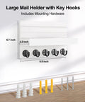 Solid Paulownia Wood Wall Mounted Key And Mail Holder Shelf With Heavy Duty Hooks For Coats Bags And Keys, dimensions of 6.7x9.8 inches.