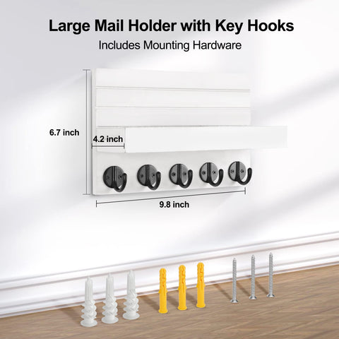 Solid Paulownia Wood Wall Mounted Key And Mail Holder Shelf With Heavy Duty Hooks For Coats Bags And Keys, dimensions of 6.7x9.8 inches.