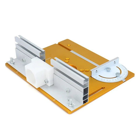 Universal Aluminum Router Table Insert Flip Plate with pre-drilled base and miter gauge for precision routing tasks.