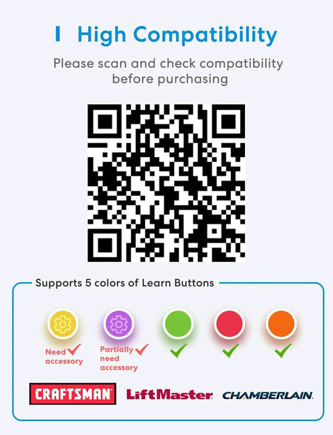 Smart Garage Door Opener Remote With App Control And Alexa SmartThings Compatibility, Voice Notifications And Remote Access No Hub Needed compatibility guide with QR code and brand logos.