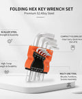 Premium Compact Folding Allen Wrench Set With 9 Essential Hex Key Sizes Crafted From Tough S2 Alloy Steel Perfect For Bike Repair Furniture Assembly And General Home DIY Projects Made For Easy Portability And Smooth Tool Access On Any Job Site, orange folded set