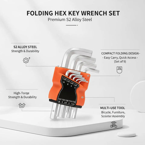 Premium Compact Folding Allen Wrench Set With 9 Essential Hex Key Sizes Crafted From Tough S2 Alloy Steel Perfect For Bike Repair Furniture Assembly And General Home DIY Projects Made For Easy Portability And Smooth Tool Access On Any Job Site, orange folded set