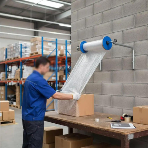 Person using Wall Mounted Bubble Wrap Dispenser For Packing And Shipping in warehouse, holder fits various widths on concrete wall.