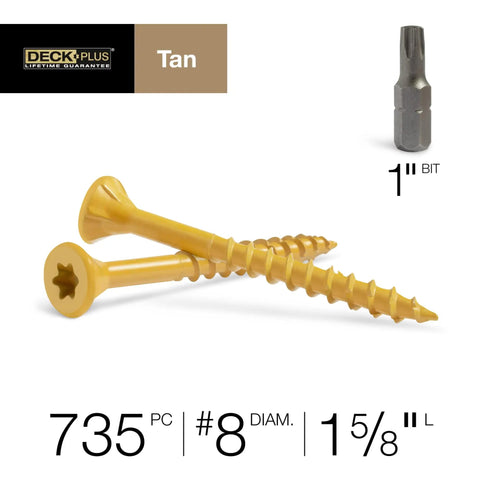 Epoxy Coated Exterior Wood And Fence Screws Tan 8 X 1-5/8 Inch Torx Drive Self Drilling 735 pcs with 1-inch bit