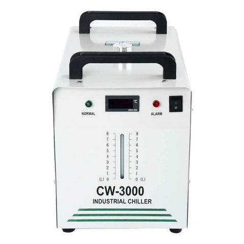 Front view of Industrial Heavy Duty Water Chiller CW 3000 For Laser Engraving Machines 110V 9 Liter Capacity Thermolysis Type Cooling System