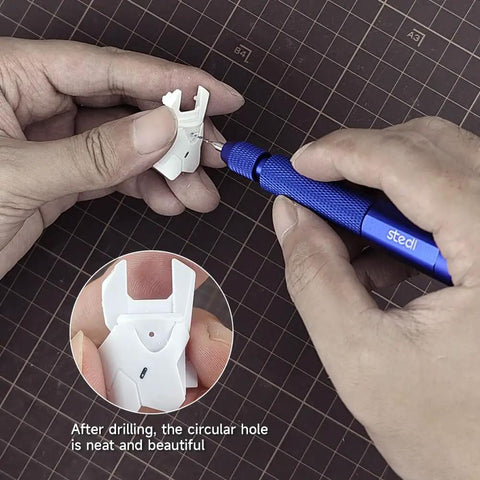 Ultra Precision Manual Pin Vise Hand Drill For Hobby Model Making, Smooth Double Bearing Craft Tool For Tiny Drilling, Rust Resistant Durable Build For Precision Mini Projects, blue handle drilling white model part