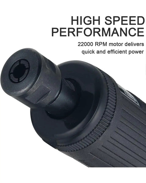 No Nonsense Air Die Grinder Crushing It At 22000 Rpm with pneumatic casing and chuck detail for efficient grinding and polishing.
