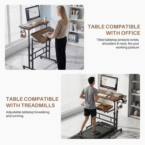 Mobile Split-Top Sit Stand Desk With Nifty Cup Holder, smooth-as-butter manual height adjustment knobs, ergonomic workstation for killer posture.